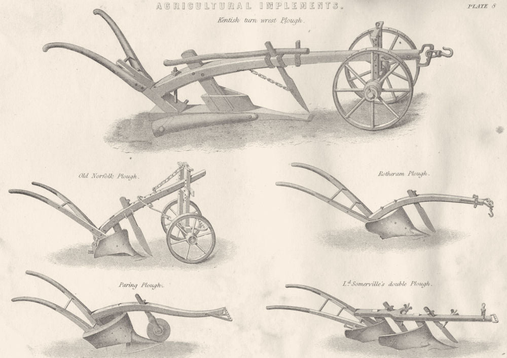 PLOUGHS.Kent turn wrest plough;Norfolk;Rotherham;Paring;Somerville's double 1880